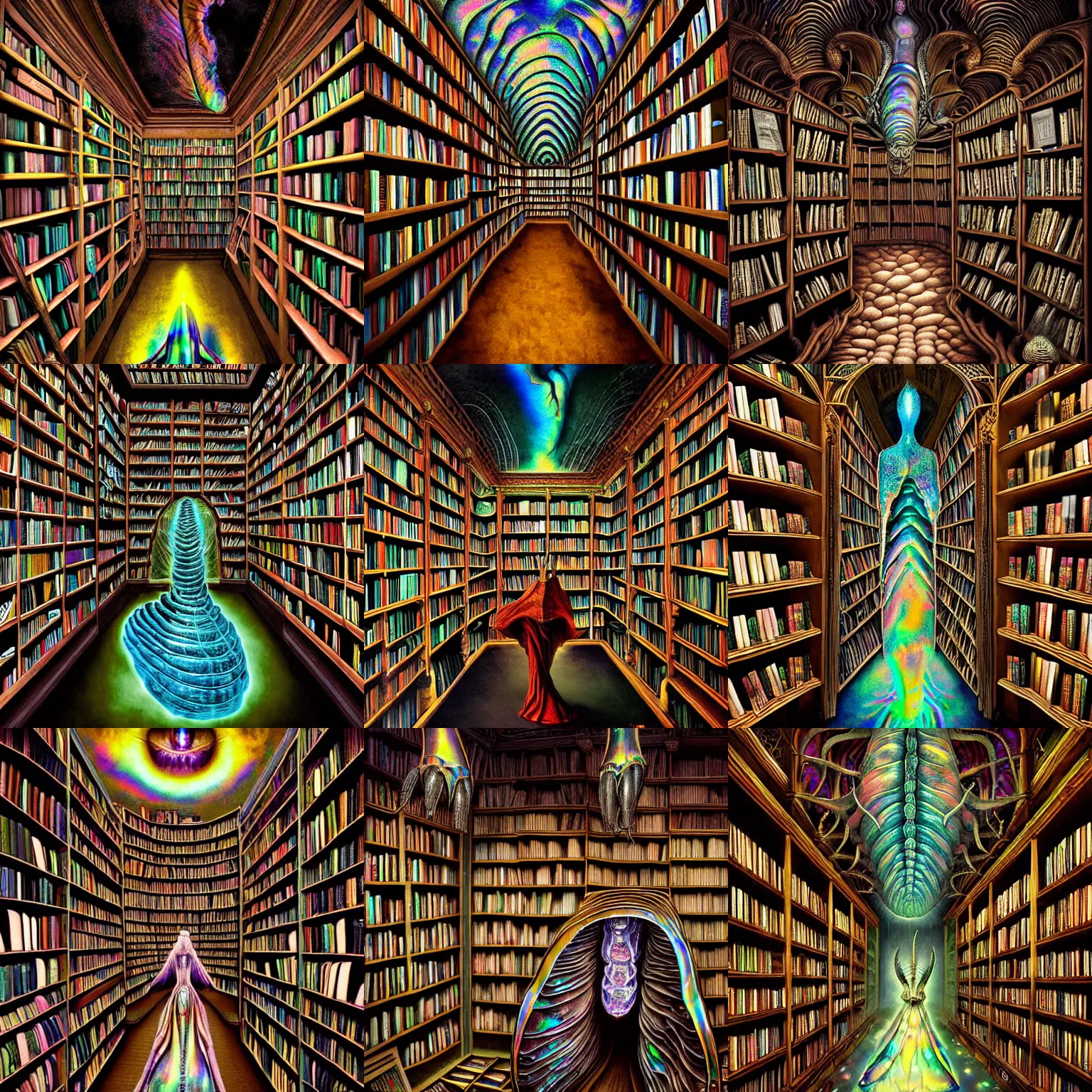 Prompt: insanely detailed photo of the inside of small bookshop for giant iridescent trilobites with opalescent horns, a woman in a ghostly victorian bustle guides them, masterwork, aerochrome eyes, fungal pages, Cronenberg bookshop, by Mark Ryden, Jeff Koons, Moebius, zdzisław beksiński, houdini, siggraph, threadlike, renderfarm, unreal engine 5, simulation