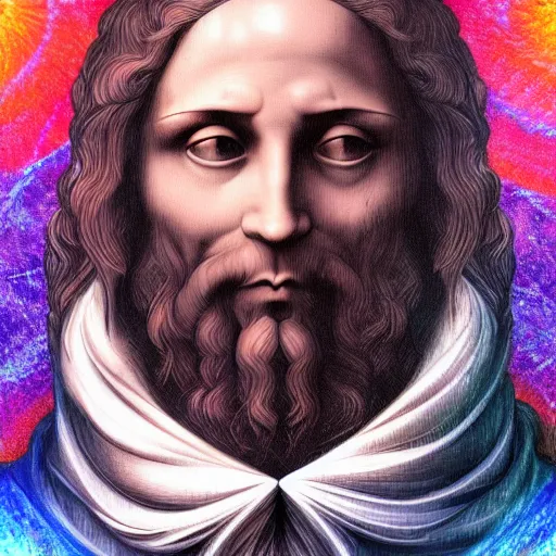 Image similar to A beautiful portrait of Leonardo Da Vinci wearing jeans and on on a psychedelic retreat in Miami, portrait, elegant, intricate, digital painting, artstation, concept art, sharp focus, illustration