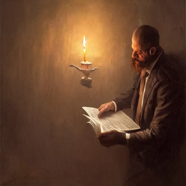 Image similar to ultra - realistic horrifying painting of a terrified man in a suit reading a dead sea scroll by candlelight, by dave dorman, paul carrick, dark, brooding, volume lighting, atmospheric lighting, painted, intricate, ultra detailed, well composed, best on artstation, cgsociety, epic, stunning, gorgeous, intricate detail, wow, masterpiece