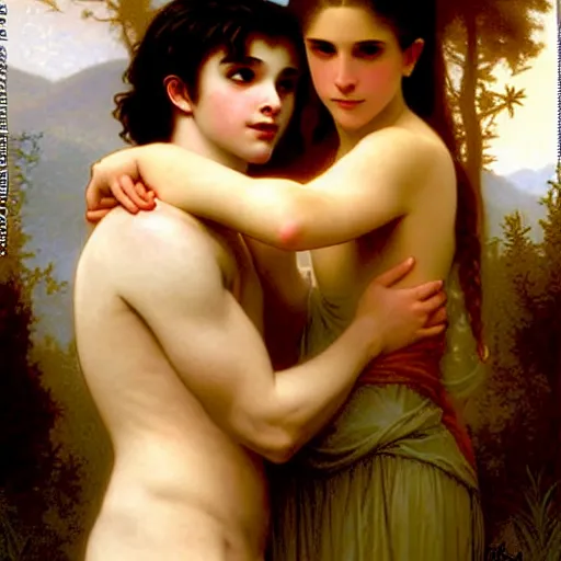 Prompt: twilight version of stranger things, portrait of edward and bella by william - adolphe bouguereau in the style of gaston bussiere, art nouveau