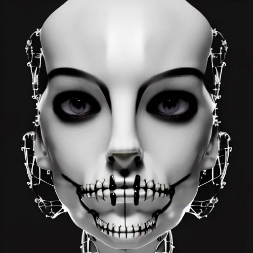 Image similar to black and white dreamy foggy smoky profile face portrait, single skeletal biomechanical beautiful young female cyclops - cyborg - robot bust, body ribs meshes,, volumetric light, rim light, by dora maar and cecile beaton, big gothic fashion pearl embroidered collar, 8 k