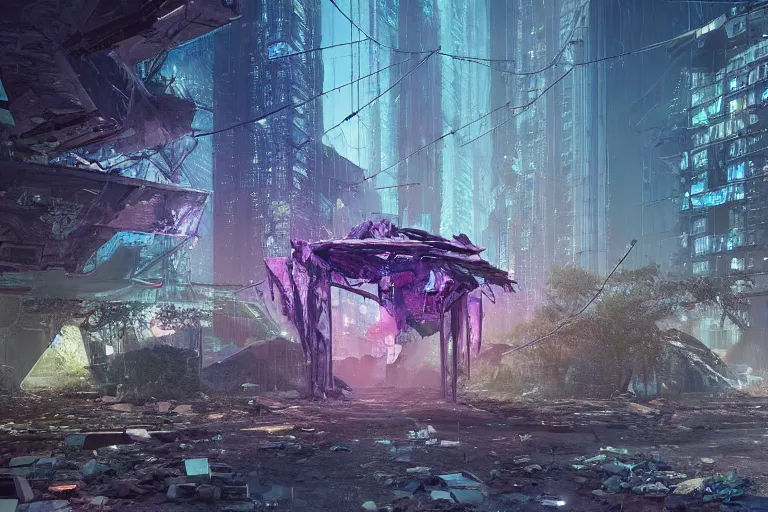 Image similar to a triangular portal structure made from crystals in the centre of an abandoned overgrown cyberpunk city, epic mysterious surrealism, digital matte painting in the style of liam wong