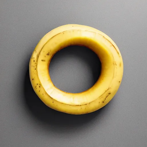 Image similar to Perfectly circular donut!!!!! in the style and shape of a banana!!!!!!, blended colors!!!!!, trending on artstation, 4k, 8k, professional photography, overhead shot, 35mm lens