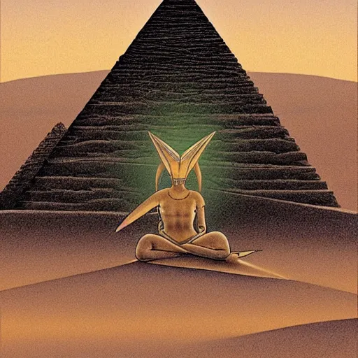 Prompt: lizard meditating in desert, pyramids, light shafts, wisps, sandstorm, light diffusion, godly, ascending, by moebius, digital art, beautiful, sacred, holy, surreal, fantasy art, oasis, by durer, durer