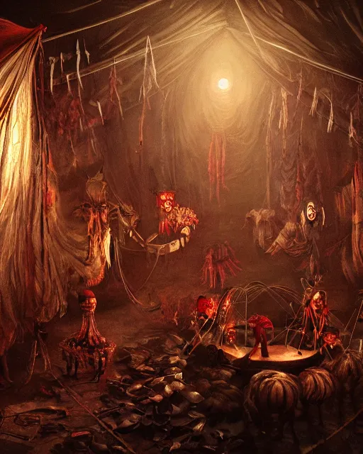 Image similar to the little circus of horrors, circus tent outside, creepy, hyper realistic, ambient lighting, horror art, hyper detailed, smooth