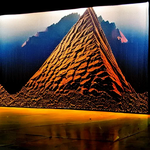 Image similar to a mountain made out of computer screens that display bitcoin logos, cinematic, post apocalyptic landscape, harsh contrast lighting, in the style of photorealism, made by richard estes robert cottingham gerhard richter robert longo ellen altfest