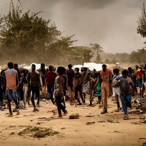 Prompt: Realistic cinematic views of a migrant crisis created through climate change