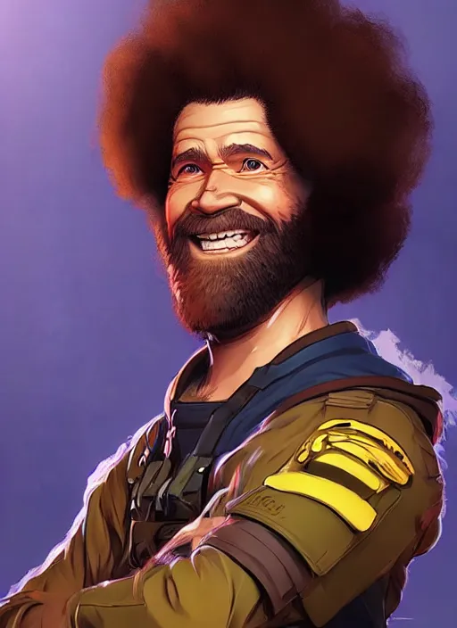 Image similar to Bob Ross in apex legends as an anime character digital illustration portrait design by Ross Tran, artgerm detailed, soft lighting