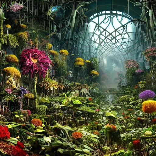 Prompt: panoramic view of a jungle of flowers and vines growing among great heaps of chrome machinery with piles of rusty weapons and broken plastic androids in puddles of glistening oil, artists tram pararam and doctor seuss with beryl cook and hr giger, high contrast cinematic light, mystical shadows, sharp focus, octane render