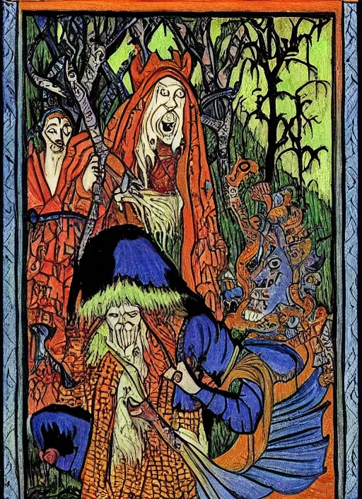 Prompt: scary slavic tale ; ivan bilibin style ; 8 k ; sharp focus