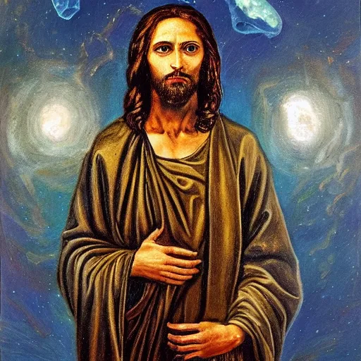 Prompt: a highly detailed oil painting of Jesus Christ with skull instead of face, standing inside the epicenter of thermonuclear blast mushroom on blue earth planet, going away, refusing to save humanity