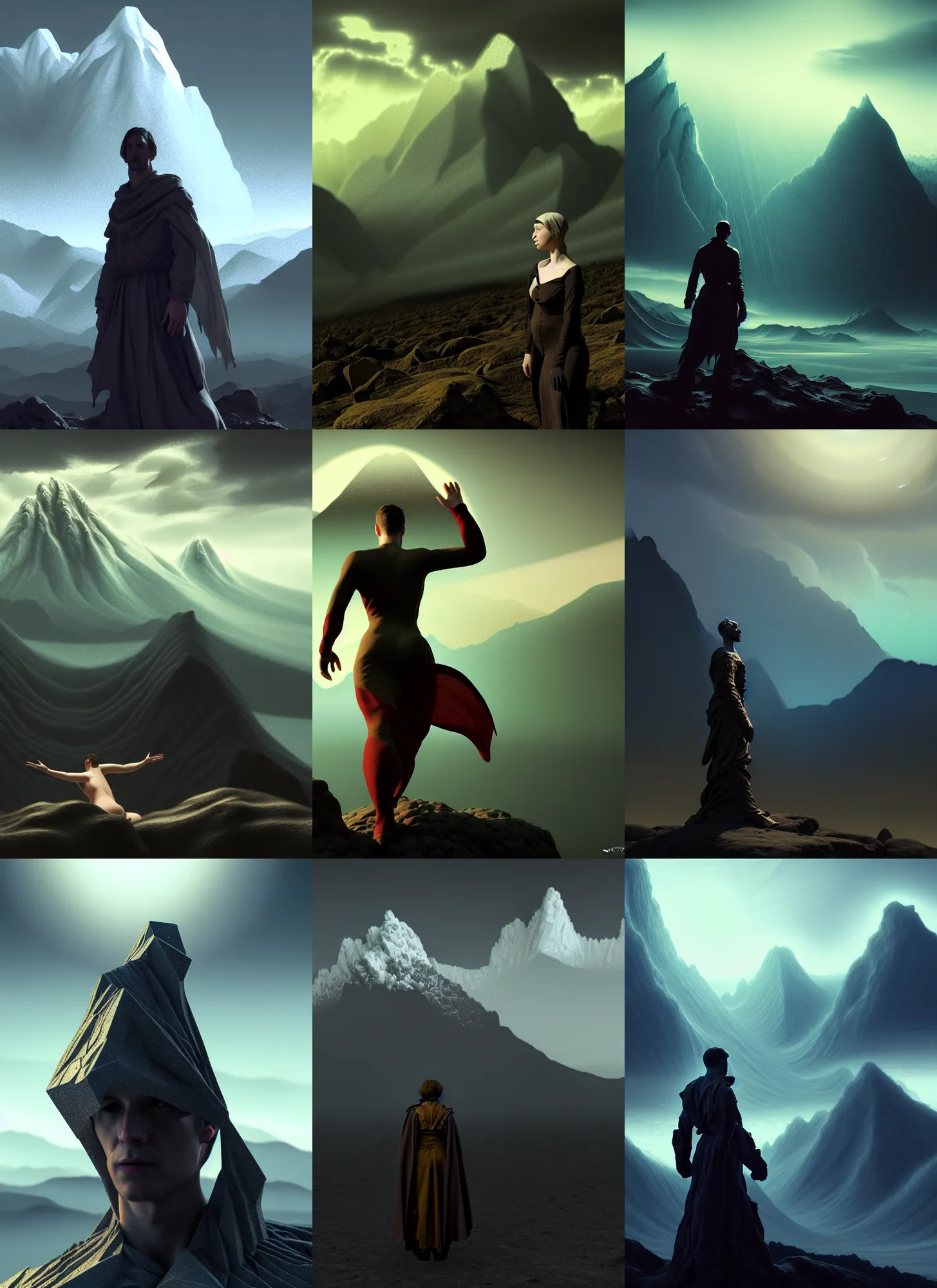 Prompt: turbulence filter ,visionary, costume design made by complexity, sophisticated composition, old masters light composition, procedurally generated, drama character posing for concept art, dramatic mountains behind, substance designer, PBR, HD, Ultra detailed, hyperrealistic, megascans, volumetric light, concept by master artist, made in paint tool SAI2, trending pixiv aesthetic face