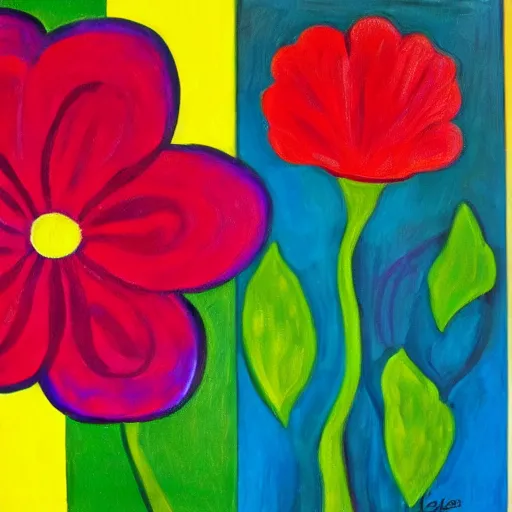 Image similar to a painting of a red flower on a yellow background, a pop art painting by laurel burch, trending on pixabay, fauvism, acrylic art, fauvism, oil on canvas