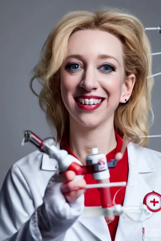 Prompt: close up headshot of elizabeth holmes as a psychopath nurse holding a giant syringe needle, cosplay, studio lighting, marvel, villainess, red lace lingerie under a white lab coat, evil grin