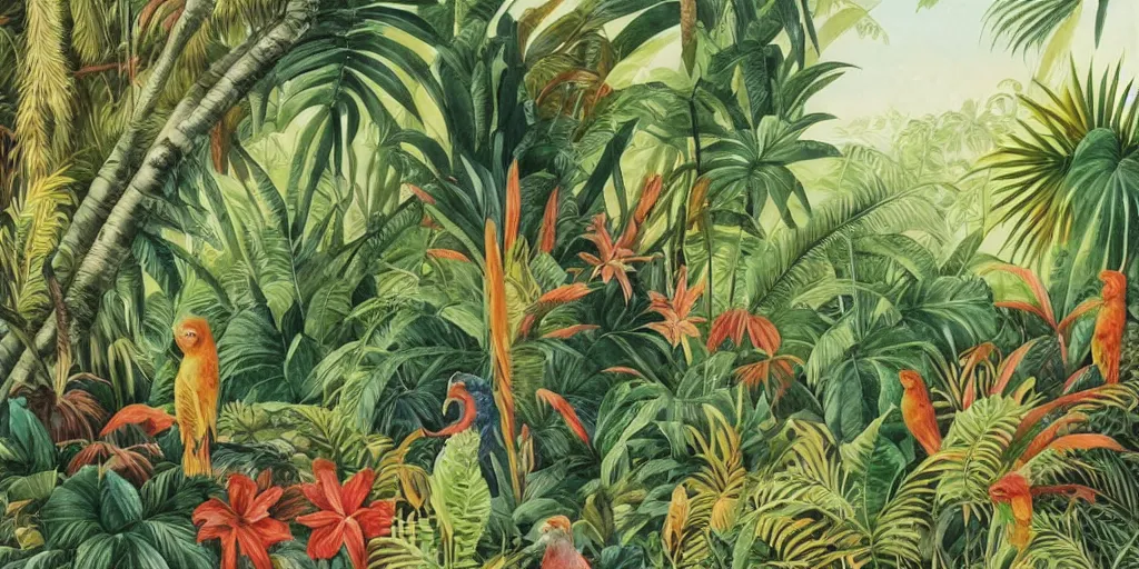 Image similar to watercolour of a tropical scenery of a jungle with multicoloured birds and plants. detailed. beautiful. stunning. high art. h 7 6 8