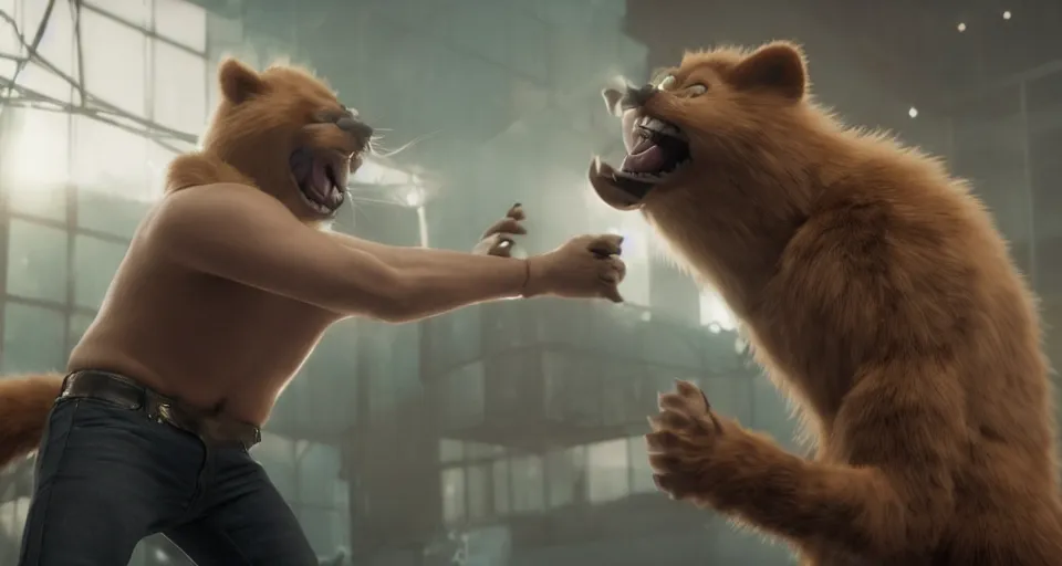 Prompt: nicolas cage beating up furry cosplayers, 8 k, octane render, choreographed fight scene, composition, shot by director park chan - wook