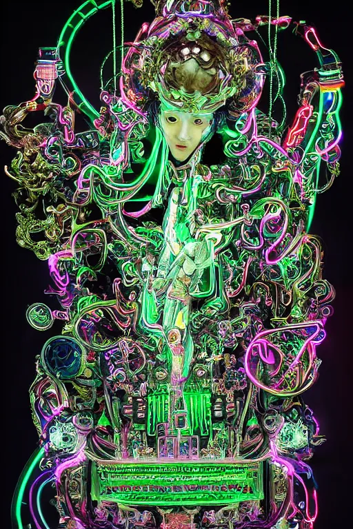 Prompt: full-body bladerunner neon baroque style sculpture of a young handsome Korean prince as a half cibernetic android with a chest opening exposing circuitry and electric sparks, glowing laser beam eyes, crown of giant neon diamonds, flowing neon green colored silk, fabric, raptors. baroque elements. full-length view. mechanical gear neon flowers. intricate artwork by caravaggio. black screen panel for a face. Trending on artstation, octane render, cinematic lighting from the right, hyper realism, octane render, 8k, depth of field, 3D