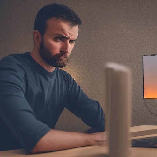 Image similar to annoyed angry man waiting for a friend in front of a computer, night, soft screen light