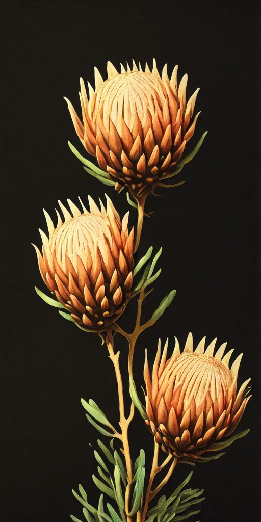 Prompt: tall king proteas against a black backdrop by martin johnson heade, artstation