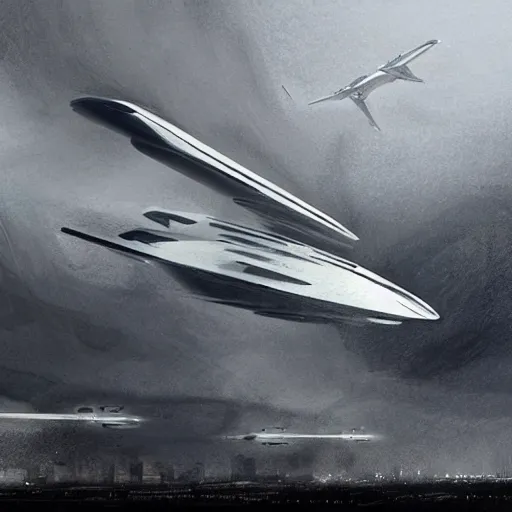 Image similar to close up of space x starship landing at heathrow airport with planes flying around, pencil sketch, realistic shaded, fine details, realistic shaded lighting poster by greg rutkowski