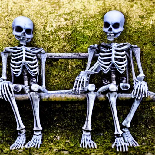 Image similar to Two grunge skeletons of lovers, sitting on a park bench for a very long time, holding by their hands, starting to decay, partially covered with dust, moss, dirt and spider webs, cinematic lighting, photo realistic image, super detailed, cinematic look H 1024