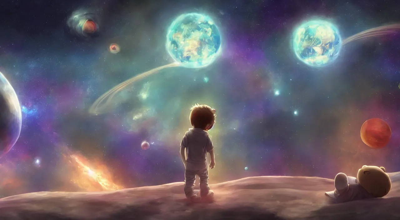 Image similar to a boy drifting through the cosmos with his teddy bear, gazing at the anatomical heart that beats at the nexus of space and time. fanart anime fanart, in the universe 16k resolution, godrays, planets and space, extraordinary sights, battle for the universe. unreal engine 60 fps screenshot, treding on art station. Emotional. The End of All Existence.