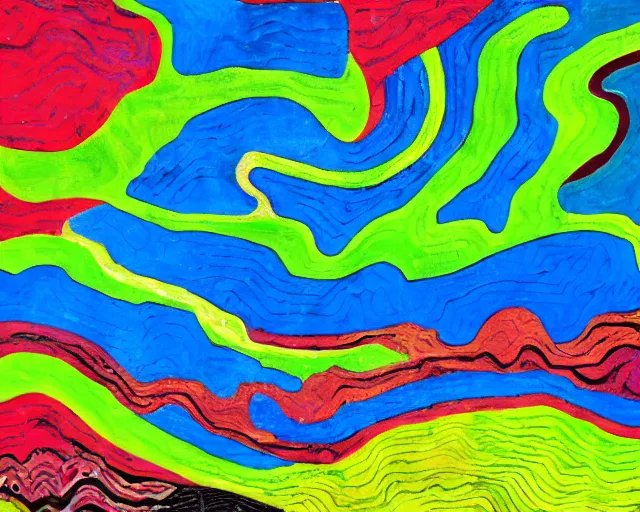 Image similar to A wild, insane, modernist landscape painting. Wild energy patterns rippling in all directions. Curves, organic, zig-zags. Saturated color. Outsider art.