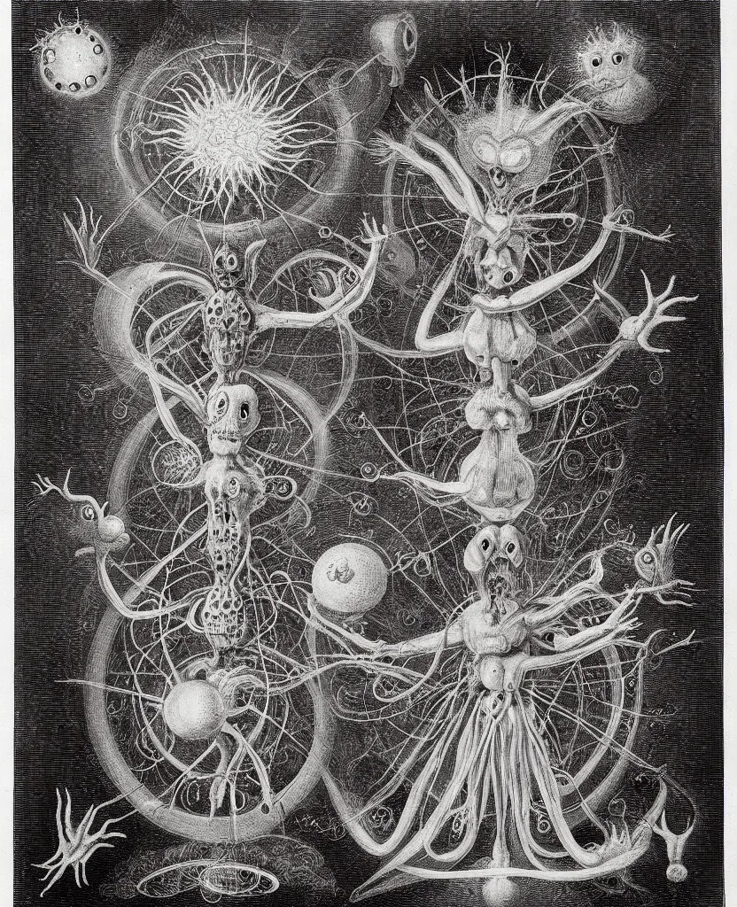 Image similar to whimsical freaky creature sings a unique canto about'as above so below'being ignited by the spirit of haeckel and robert fludd, breakthrough is iminent, glory be to the magic within