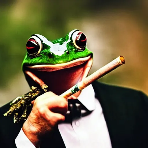 Prompt: a high detail closeup photograph of a 🐸 wearing a suit 👔,and smoking a cigarrette🚬, award wining photograph