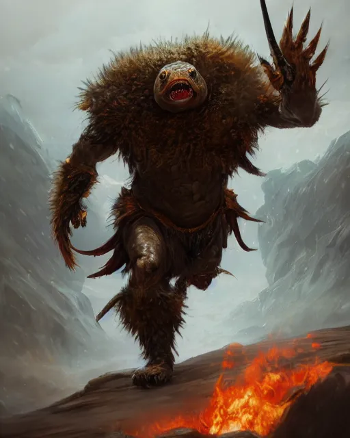 Image similar to oil painting of Angry Anthropomorphized Turtle Berserker, wearing fur armor, claws, sharp focus, attack pose, fantasy style, octane render, volumetric lighting, 8k high definition, by greg rutkowski, highly detailed, trending on art Station, magic the gathering artwork, burning Battlefield background, centered