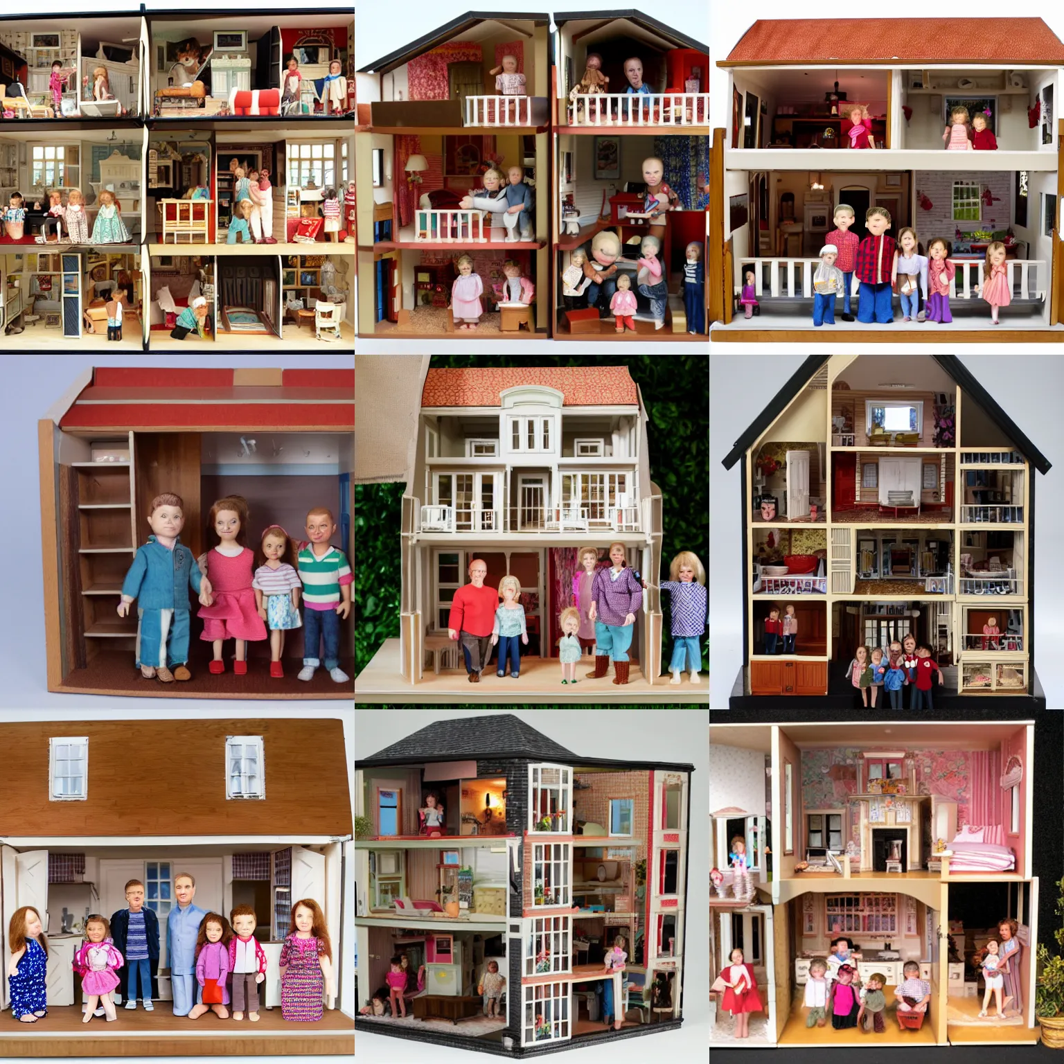 Prompt: family in front of cutaway dollhouse
