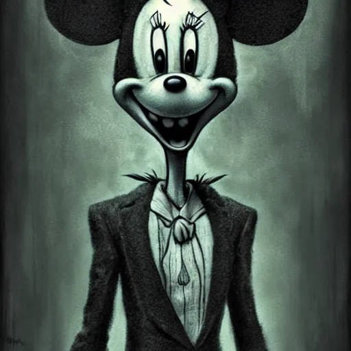 Image similar to michael karcz grunge drawing of mickey mouse. , in the style of corpse bride, loony toons style, horror themed, detailed, elegant, intricate, trending on artstation, 4k