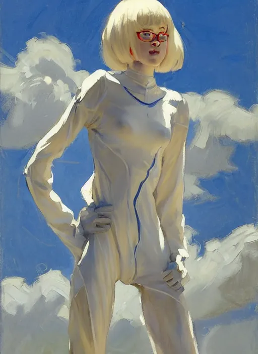 Image similar to Greg Manchess painting of Rei Ayanami in Jumpsuit out with the dogs, countryside, fantasy character portrait, dynamic pose, above view, sunny day, thunder clouds in the sky, artwork by Jeremy Lipkin and Giuseppe Dangelico Pino and Michael Garmash and Rob Rey, very coherent asymmetrical artwork, sharp edges, perfect face, simple form, wacky, 100mm