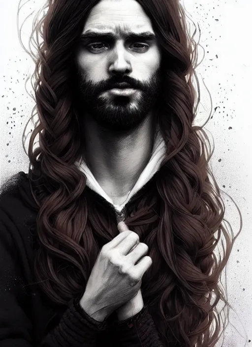 Image similar to highly detailed portrait of a beautiful man with long hair, tartan hoody, photographic realistic background, ringlet hair by atey ghailan, by greg rutkowski, by greg tocchini, by james gilleard, by joe fenton, by kaethe butcher, gradient violet, black, cream and white color scheme, trending in pinterest, award winning details