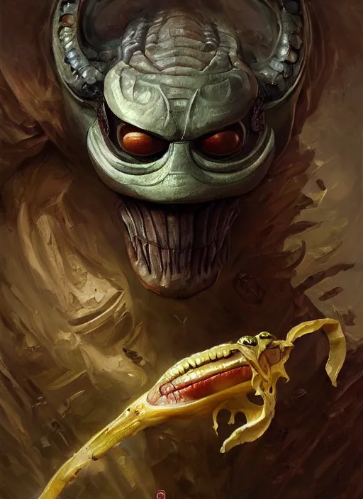 Image similar to banana mf doom reptile eyes, banana peel skin. intricate, elegant, highly detailed, centered, digital painting, artstation, concept art, smooth, sharp focus, illustration, artgerm, tomasz alen kopera, peter mohrbacher, donato giancola, joseph christian leyendecker, wlop, frank frazetta