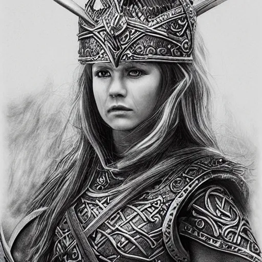 Image similar to hyper realistic pencil drawing of a viking princess, intricate detail, beautiful, battle armor, war, fight, light, dragon, colorful