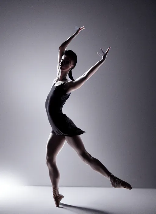 Image similar to a Photorealistic dramatic hyperrealistic render of a beautiful Female dancer by Ken Brower and Deborah Ory of NYC Dance project,Lois Greenfield,Jan Masny,Alexander Yakolev, Beautiful dynamic dramatic dark moody lighting,shadows,cinematic atmosphere,Octane render,8K