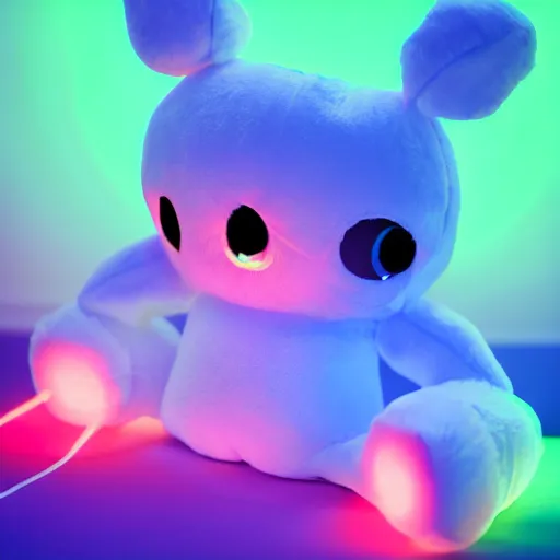 Image similar to cute fumo plush girl who has bioluminescent eyes, jelly glow, refractive bssrdf, neon lens flare, vray