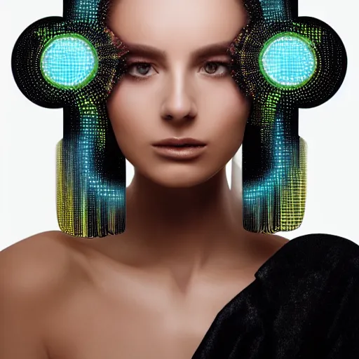 Prompt: portrait of a beautiful futuristic woman layered with high-tech jewelry wrapping around her face and head, 2054