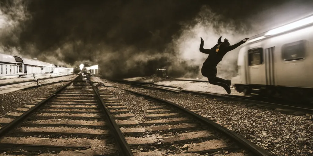 Prompt: a wide shot angle photography of a person jumping into a moving train