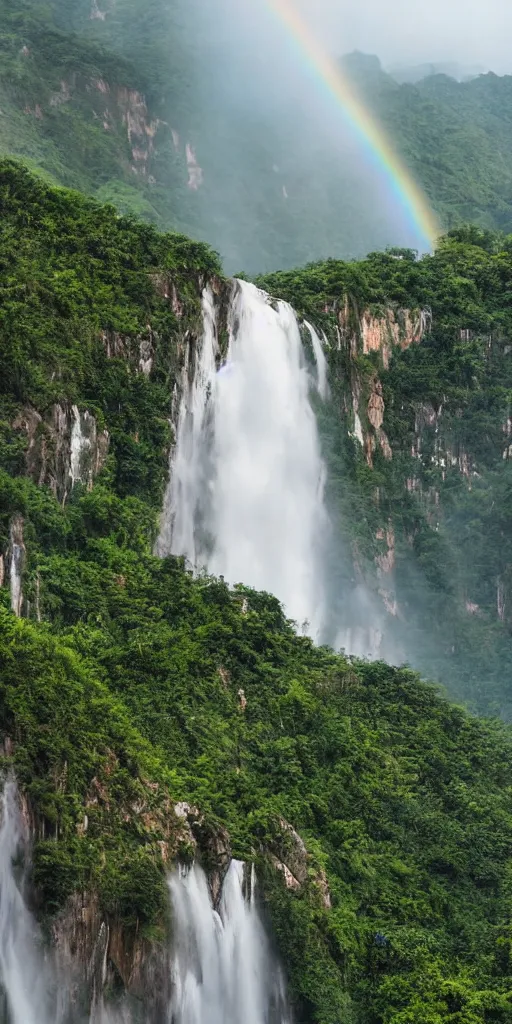 Image similar to A cloudy peak in southern China with one waterfall,in which rainbow can be seen in the middle of the waterfall. the style of National Geographic magazine