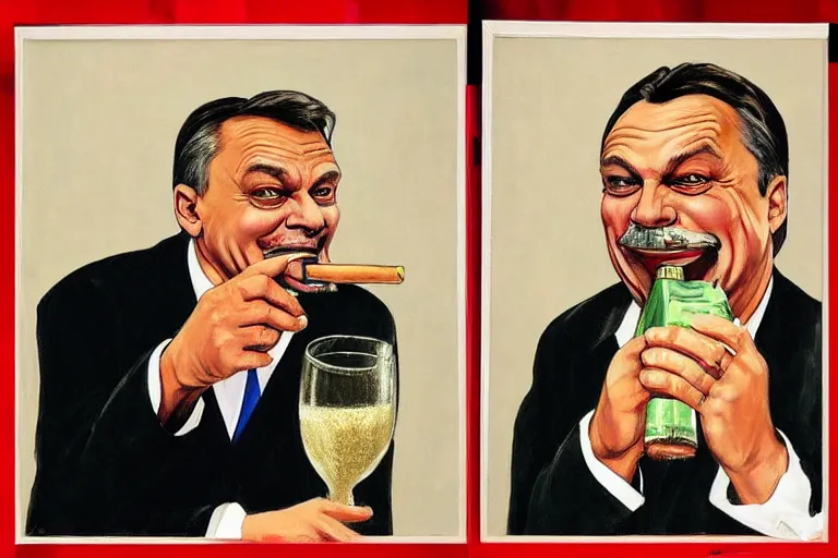 Prompt: viktor orban drinking champagne, smoking cigar, laughing hard, highly detailed face, inspired by edward hopper