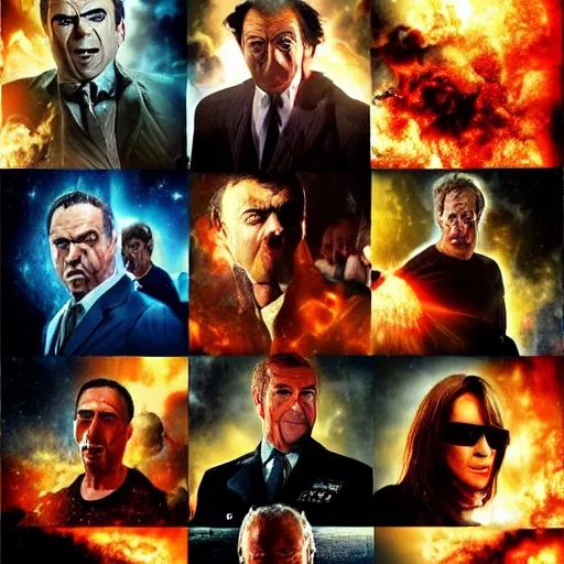 Prompt: armageddon by michael bay movie poster with all characters faces swapped with rowan atkinson, high detail, realistic, 4 k