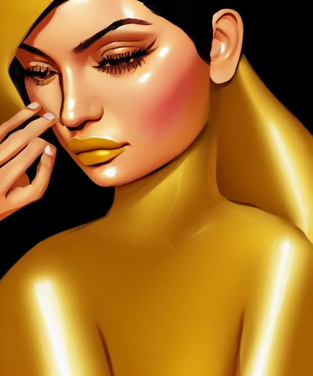 Image similar to Kylie Jenner in a shiny golden dress, highly detailed, digital painting, artstation, concept art, smooth, sharp focus, illustration, ArtStation