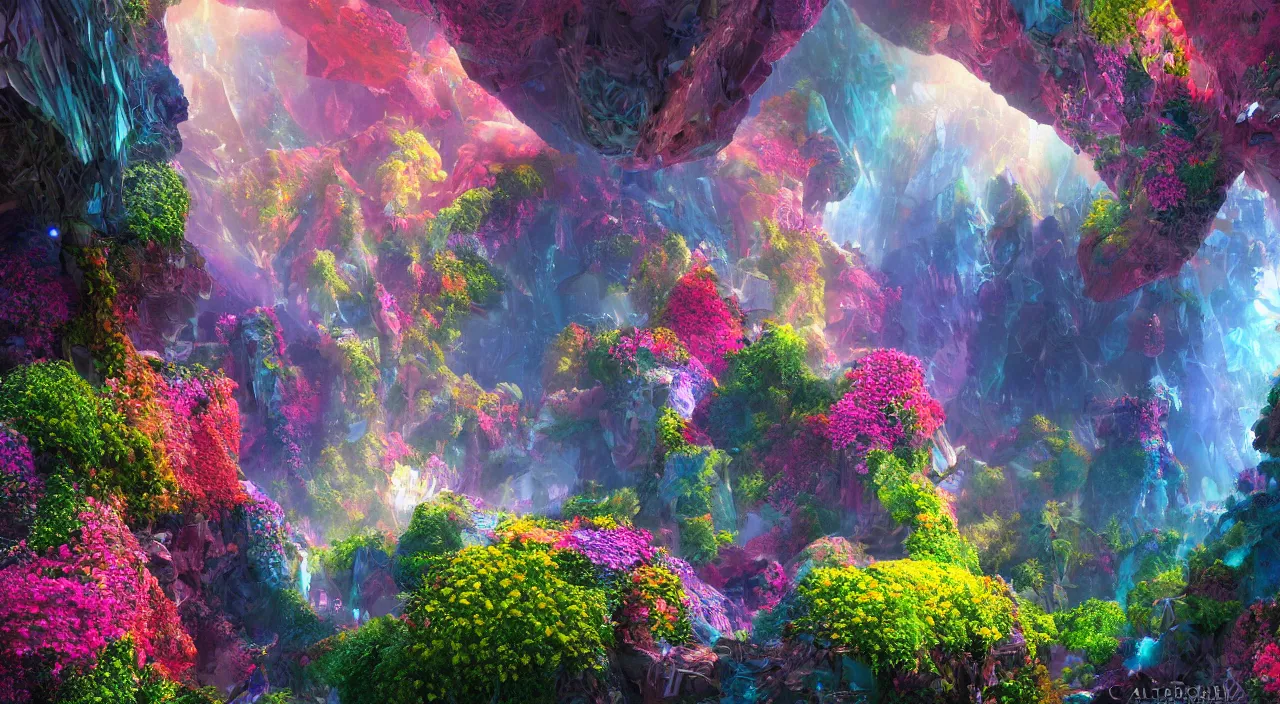 Image similar to biological crystallographic lattice bridging megastructure, in a canyon with flowers and lots of colors, by jack oliva - rendler, by glenn small, by albert bierstadt, photorealistic, zaha hadid, god rays, volumetric lighting, detailed, extremely intricate, raytrace, octane, light fog, neon
