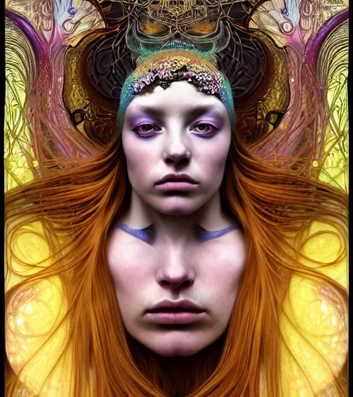 Prompt: detailed realistic beautiful young groovypunk queen of andromedah galaxy in full regal attire. face portrait. art nouveau, symbolist, visionary, baroque, giant fractal details. horizontal symmetry by zdzisław beksinski, iris van herpen, raymond swanland and alphonse mucha. highly detailed, hyper - real, beautiful