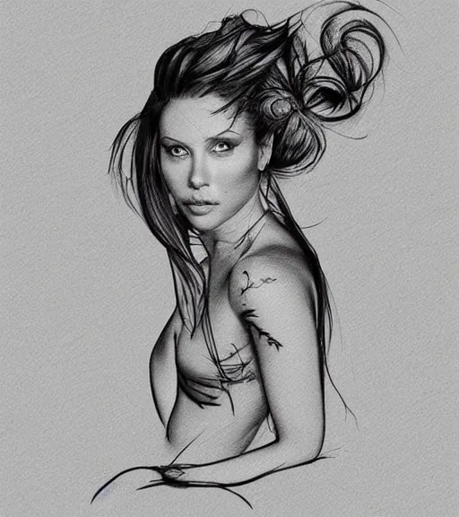 Prompt: tattoo design sketch of a very beautiful woman face against a background of beautiful mountains and nature, hyper - realistic, in the style of den yakovlev, amazing detail, black and white
