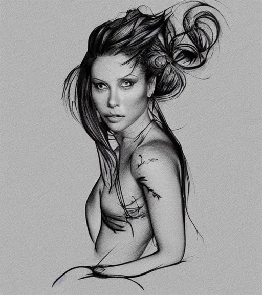 Image similar to tattoo design sketch of a very beautiful woman face against a background of beautiful mountains and nature, hyper - realistic, in the style of den yakovlev, amazing detail, black and white