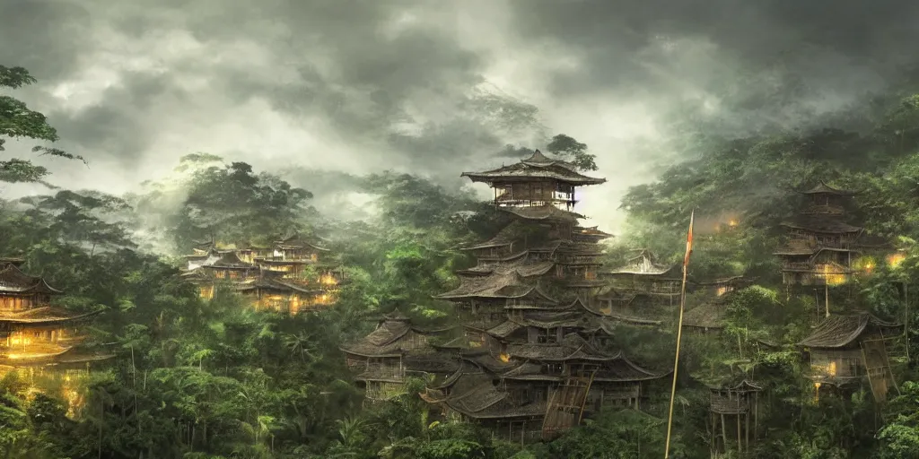 Image similar to A gigantic standing haunted samurai guardian dominates a huge hidden bamboo village in the jungle, evening, ominous sky, flags, Matte Painting, Craig Mullins