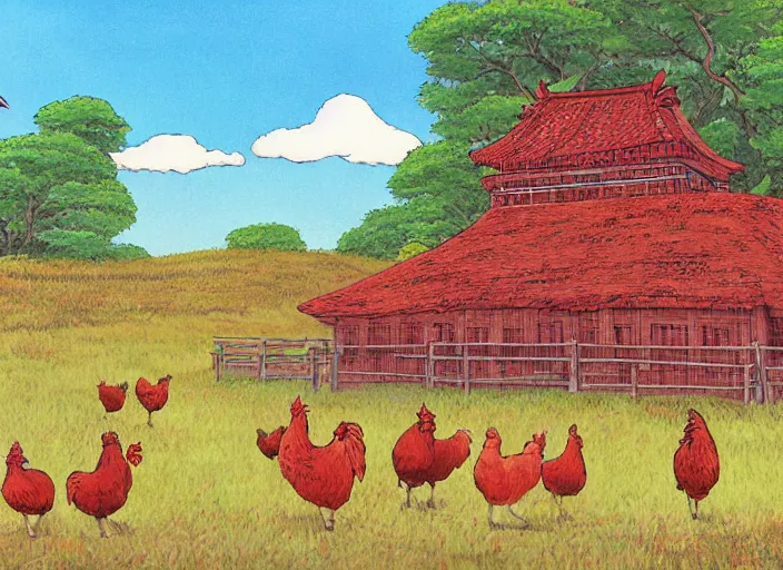 Image similar to red and brown japanese fort in a meadow with chickens by studio ghibli painting